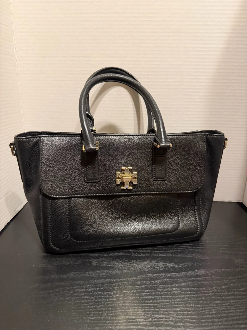 Tory Burch Black Pebbled Leather Crossbody Satchel with Gold Logo